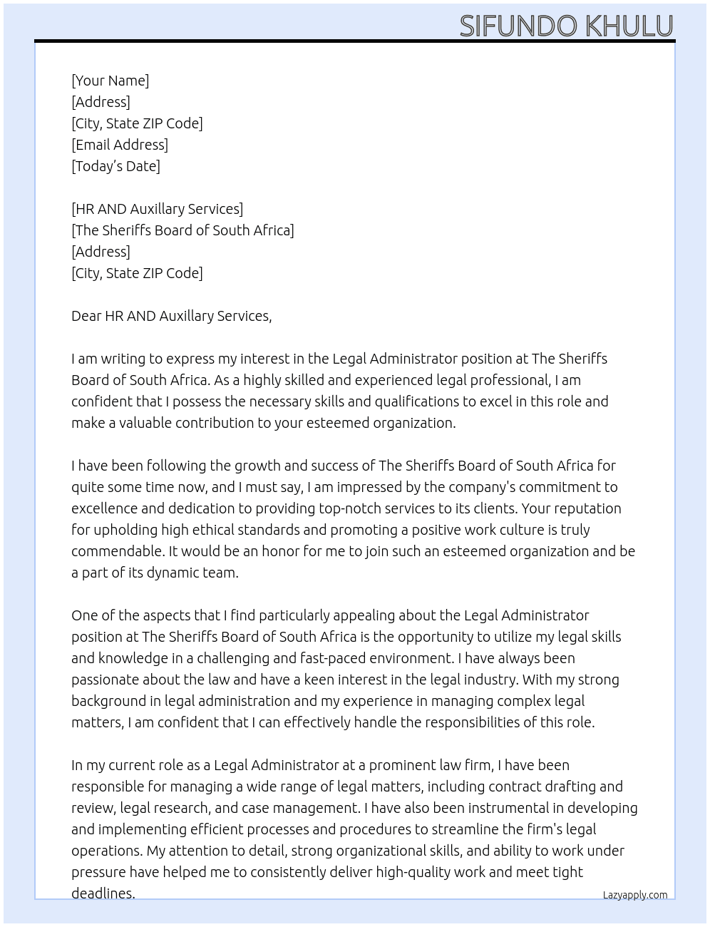 Legal Administrator At The Sheriffs Board of South Africa Cover Letter