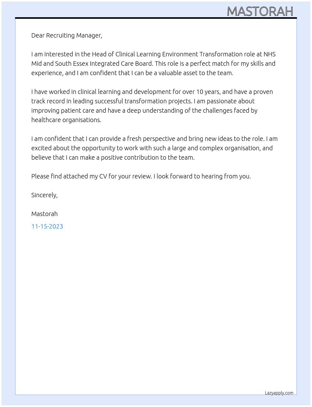 Head of Clinical Learning Environment Transformation - At NHS Mid and South Essex Integrated Care Board Cover Letter