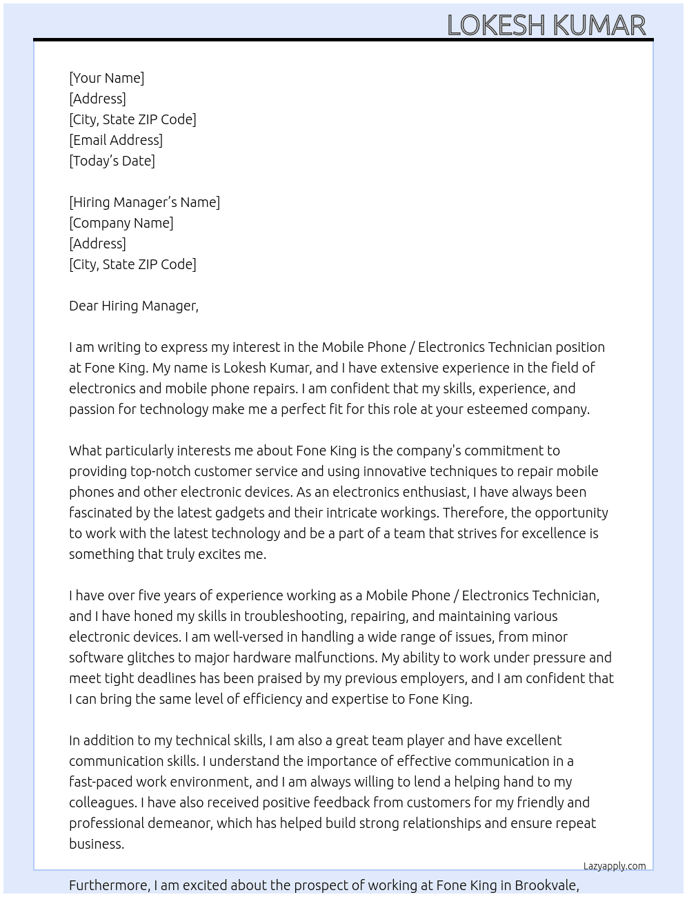 Mobile Phone / Electronics Technician At Fone King  Cover Letter