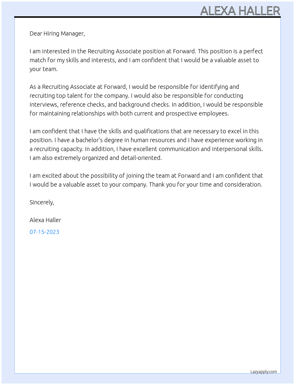 Recruiting Associate At Forward Cover Letter