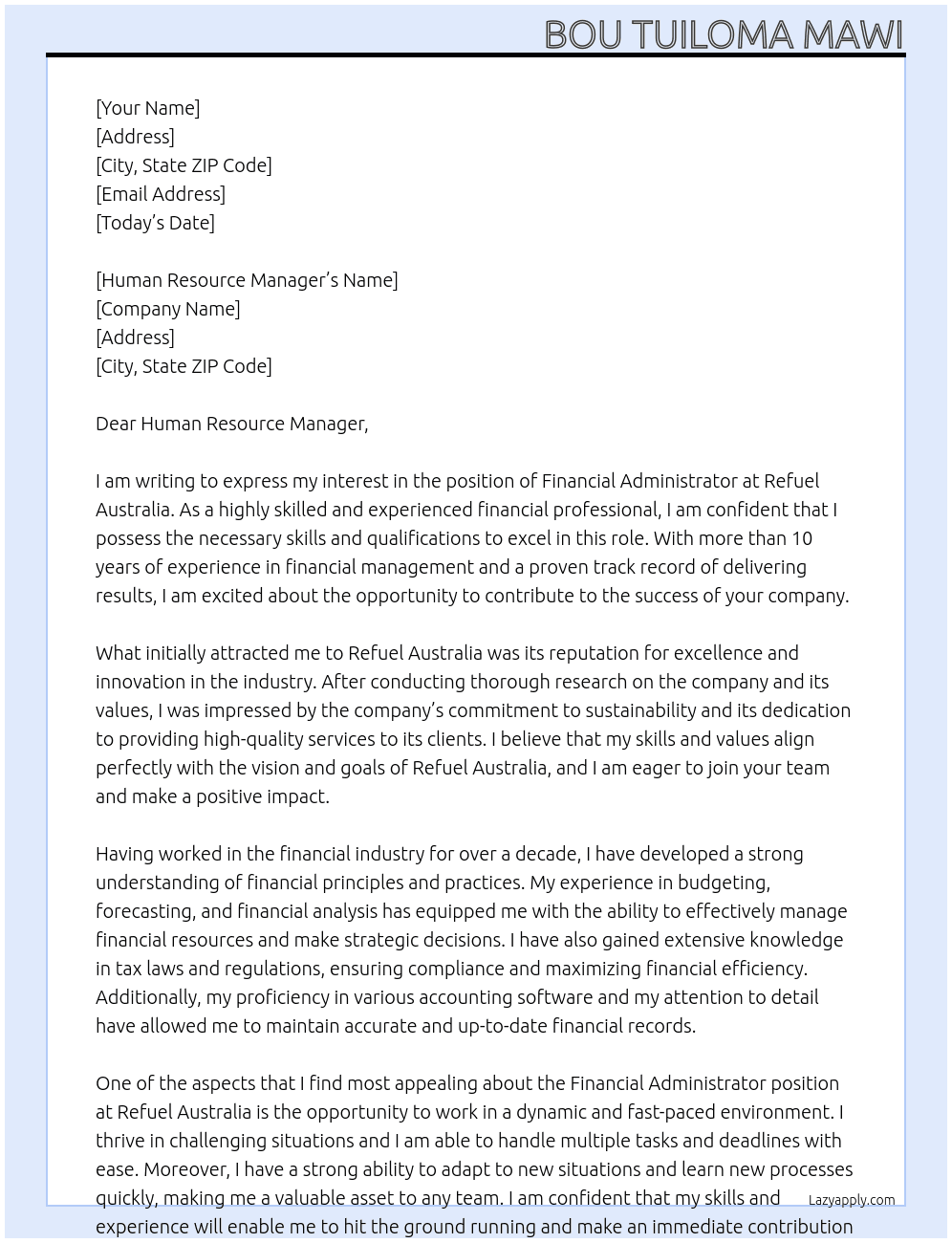 Financial Administrator  At  Refuel Australia Cover Letter
