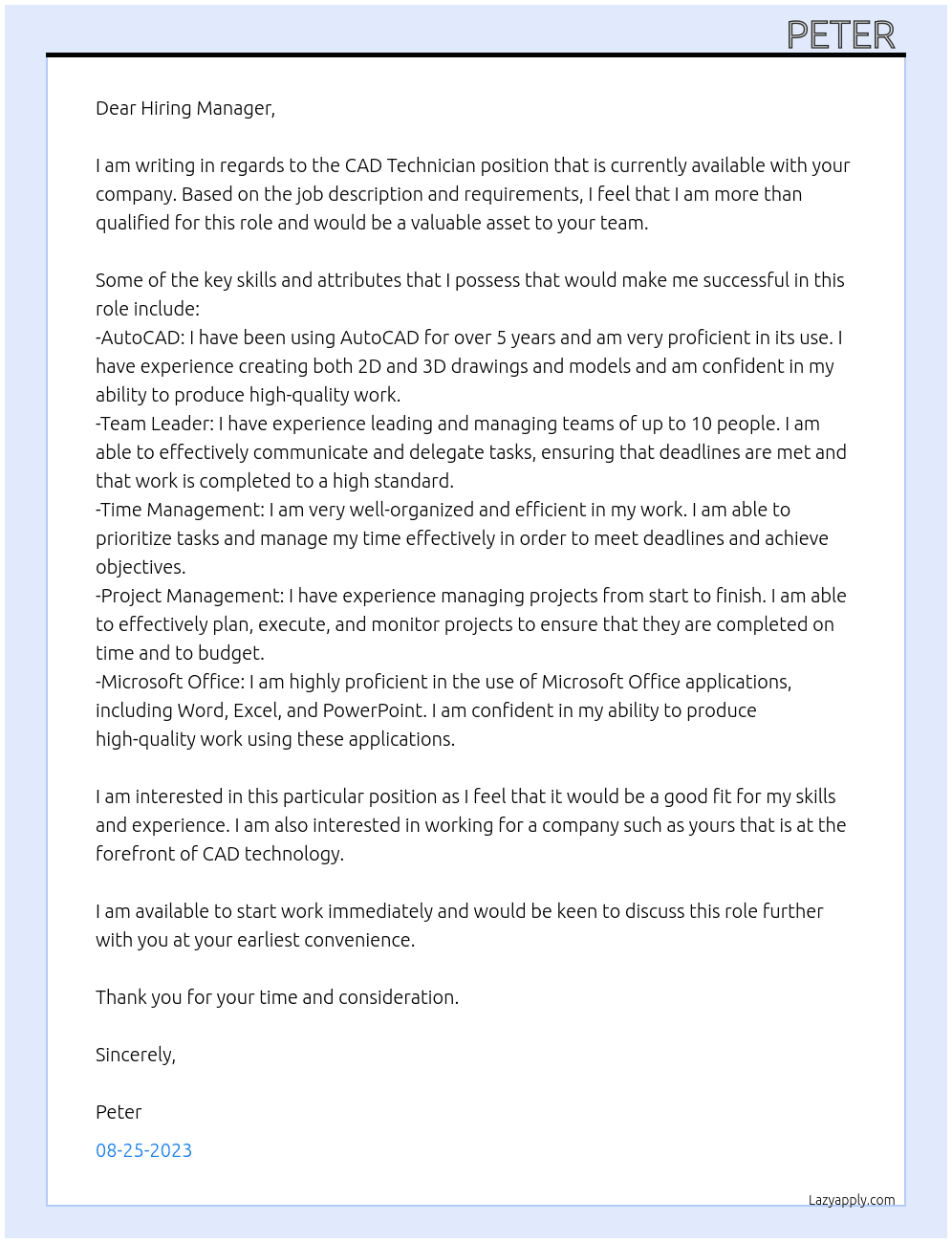 CAD Technician At CAD Agency Cover Letter