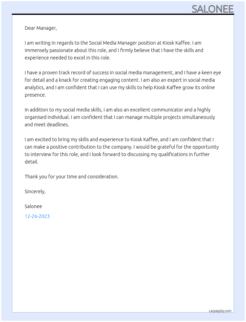 Social Media Manager At Kiosk Kaffee Cover Letter