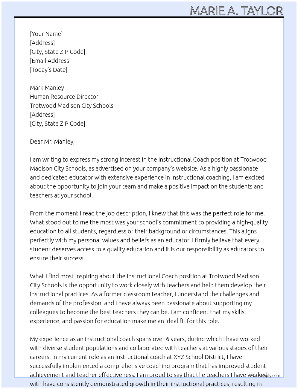 Instructional Coach At Trotwood Madison City Schools Cover Letter
