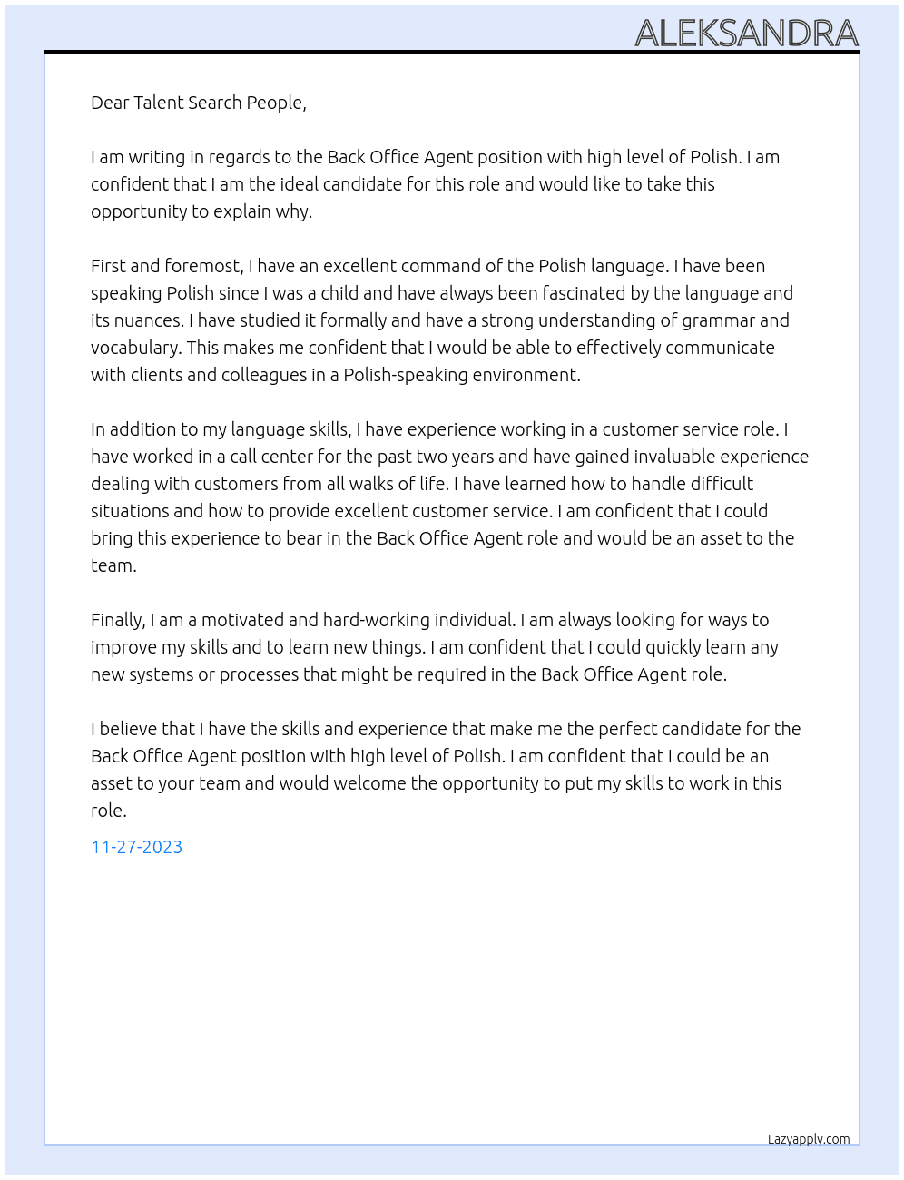 Back Office Agent with high level of Polish At Talent Search People Cover Letter
