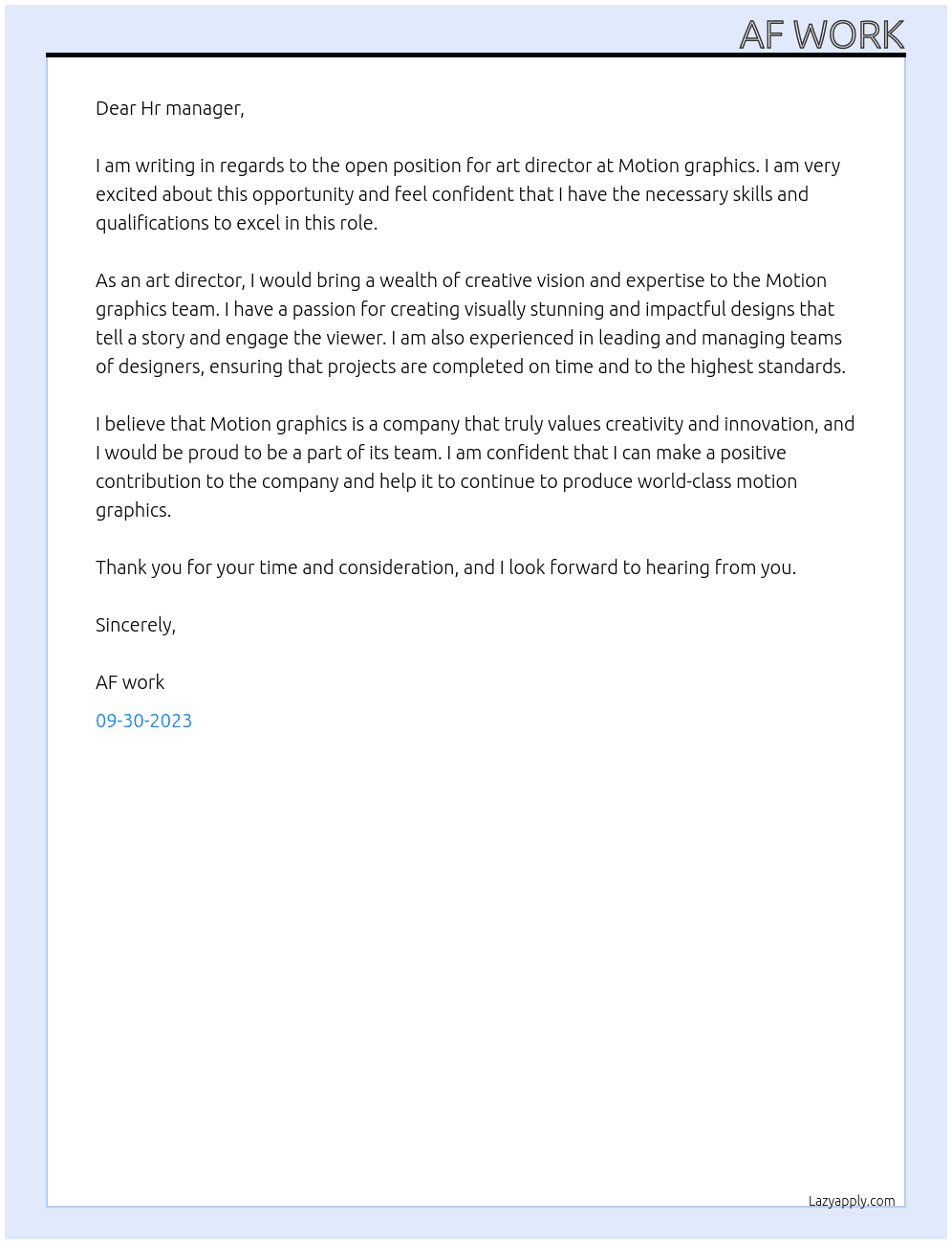 Art director  At Motion graphics  Cover Letter