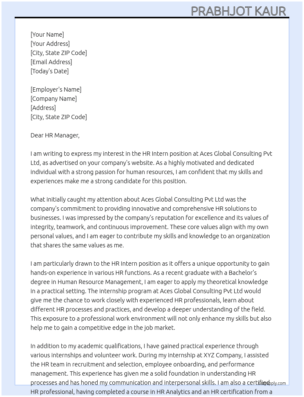 HR intern  At Aces global consulting pvt ltd Cover Letter