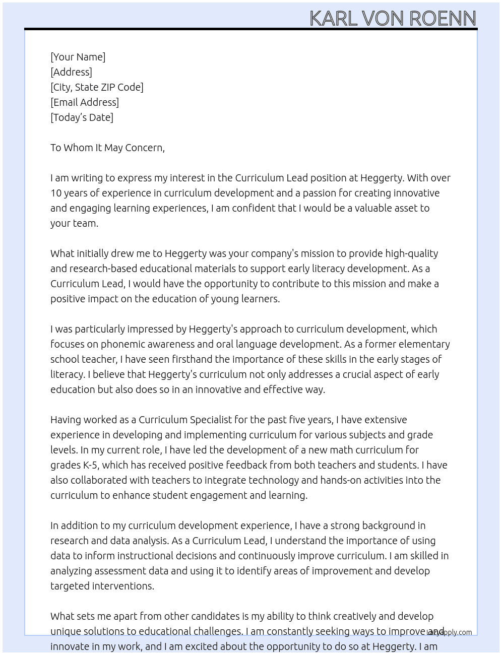 Curriculum Lead At Heggerty Cover Letter