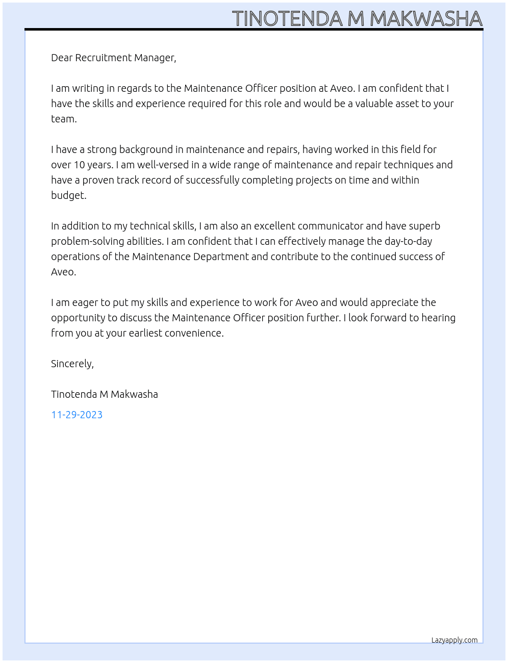 Maintanance Officer At Aveo Cover Letter