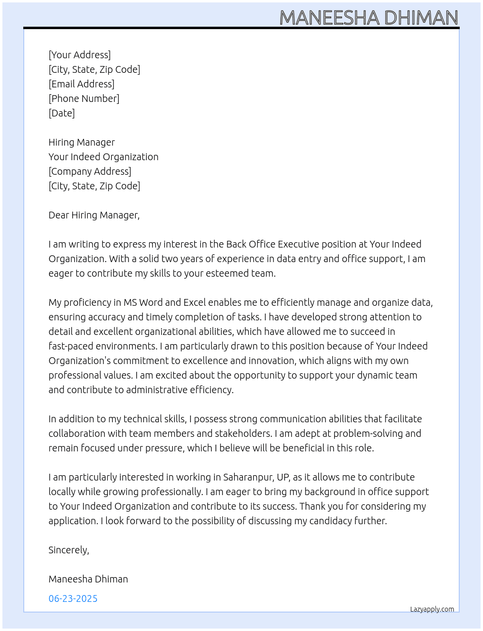 Back office executive  At Your indeed organization Cover Letter