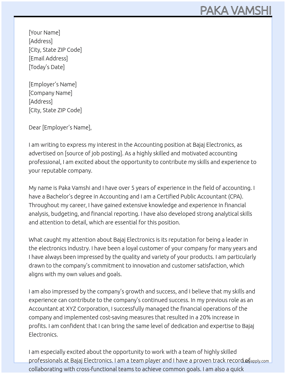 Accounting At Bajaj Electronics Cover Letter