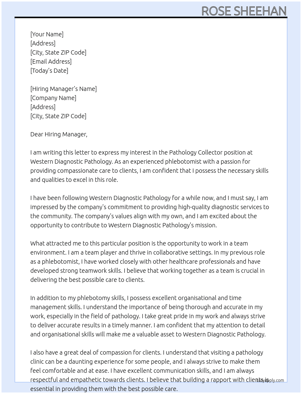 pathology collector At Western Diagnostic Pathology Cover Letter