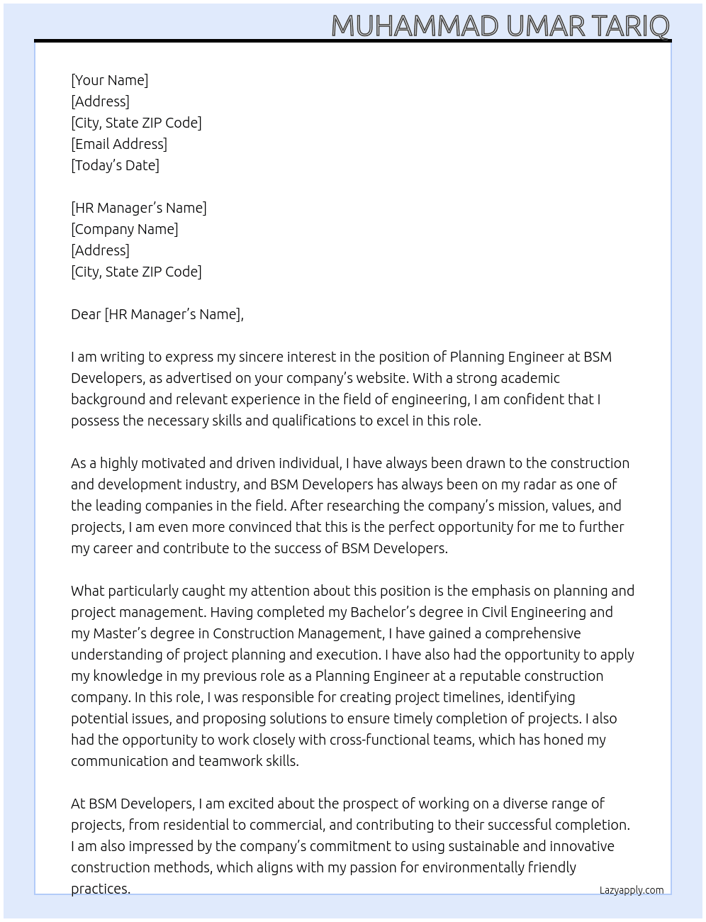 Planning Engineer At BSM Developers Cover Letter