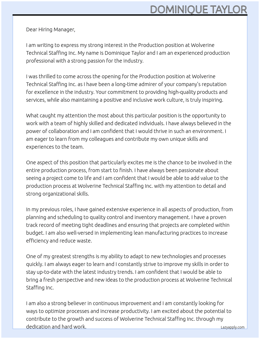 Production At Wolverine Technical Staffing Inc.  Cover Letter