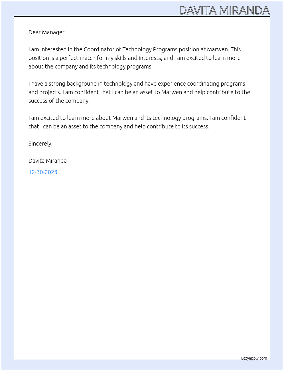 Coordinator of Technology Programs At Marwen Cover Letter