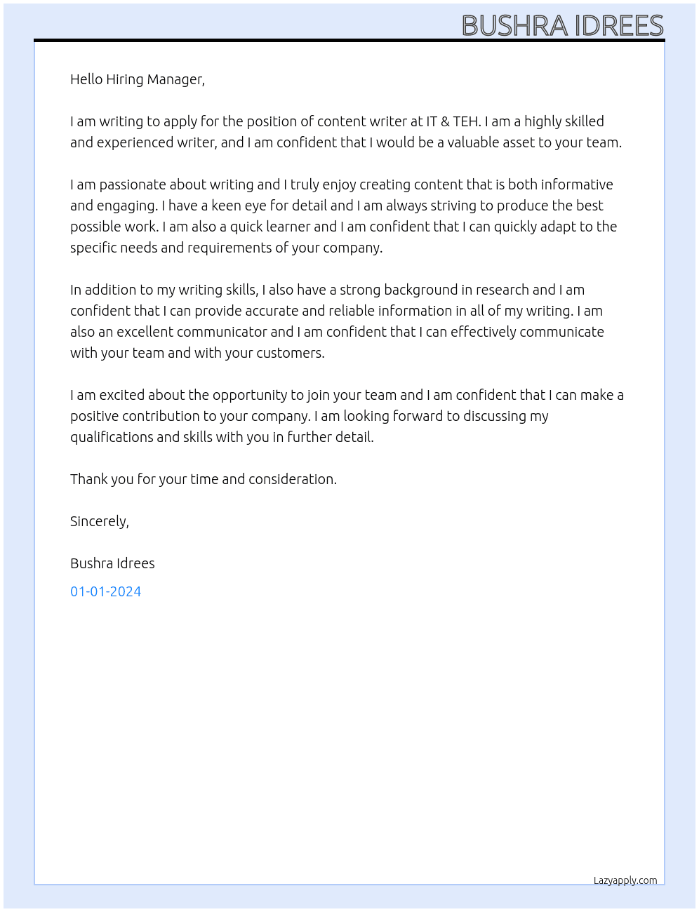 content writer At IT & TEH Cover Letter