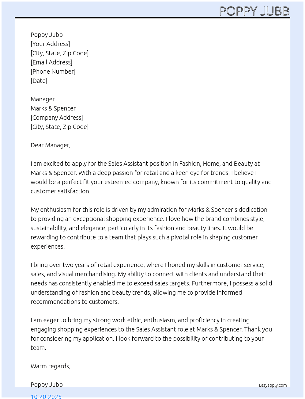 Sales Assistant- Fashion, home and beauty At Marks and spencers Cover Letter