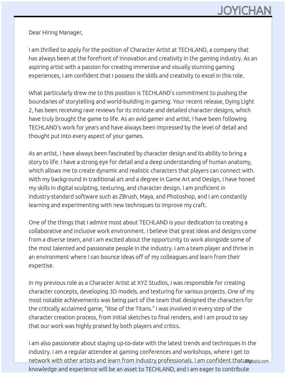 Character Artist At TECHLAND Cover Letter