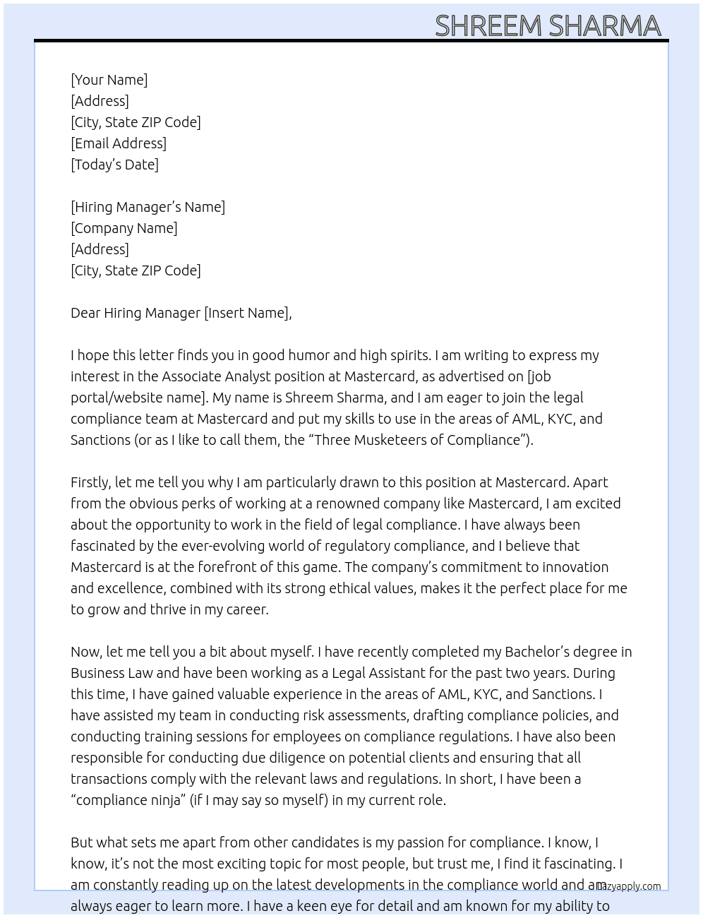 Cover letter for associate analyst, legal compliance - aml, kyc, sanctions - LazyApply