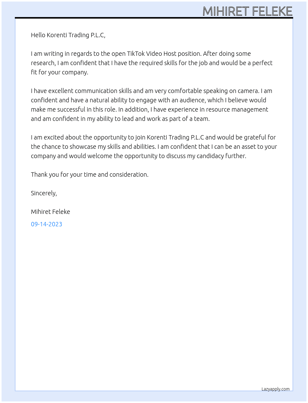 tik tok video host At korenti trading p.l.c Cover Letter
