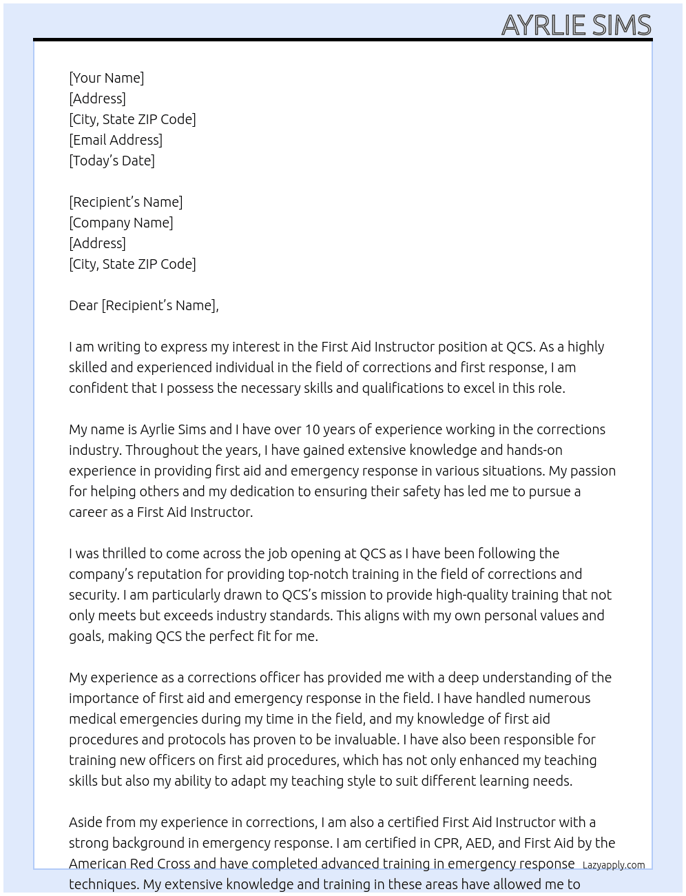 First Aid Instructor At QCS Cover Letter