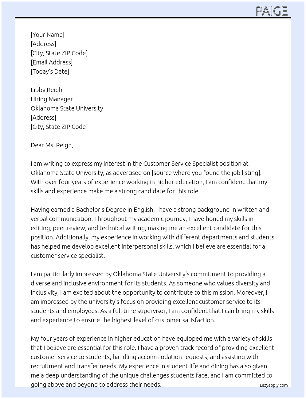 Customer Service Specialist  At Oklahoma State University  Cover Letter