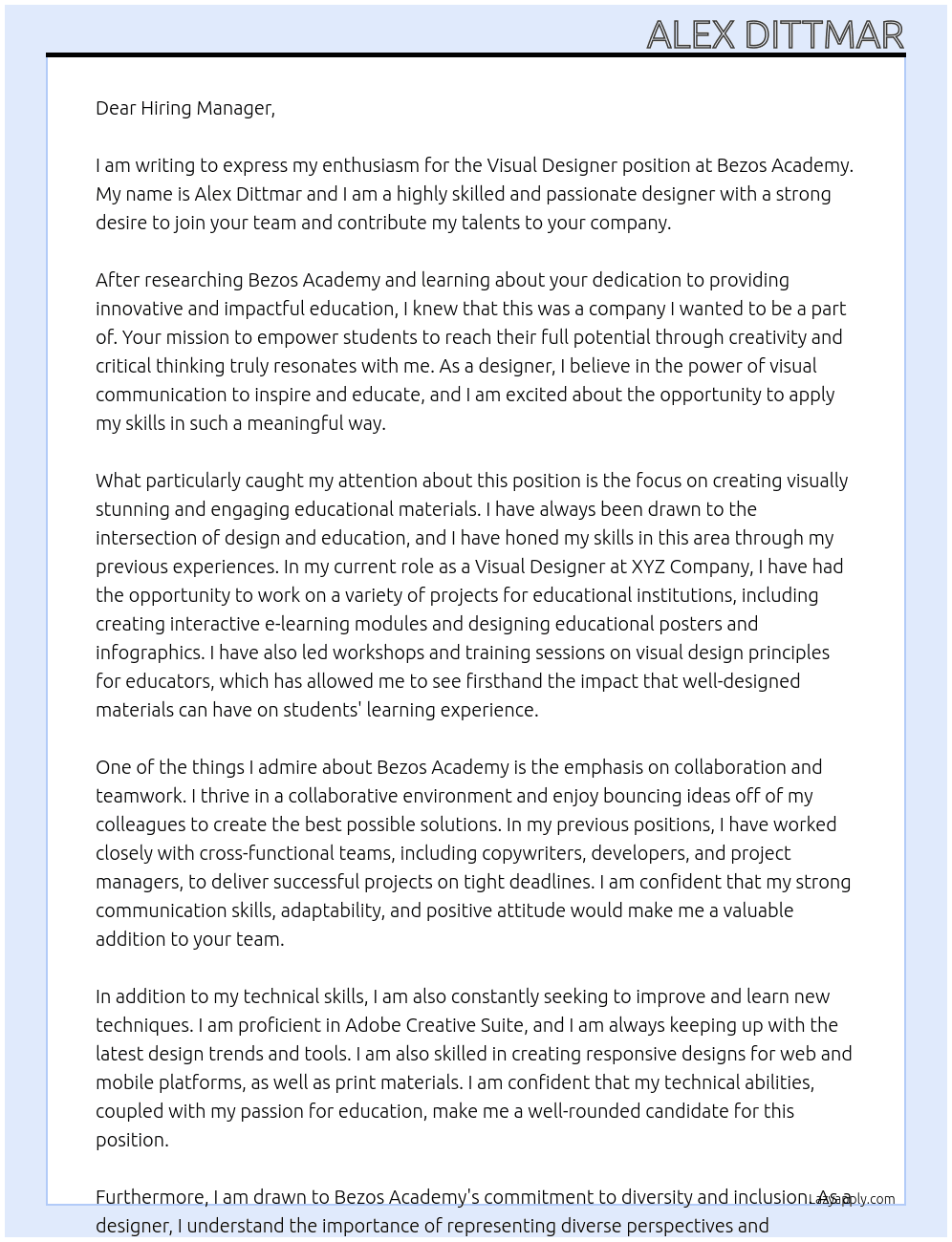 Visual Designer At Bezos Academy Cover Letter