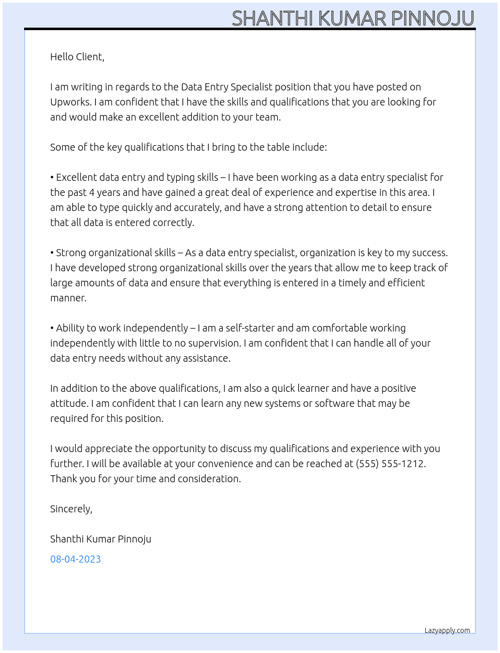 data entry specialist At upworks Cover Letter