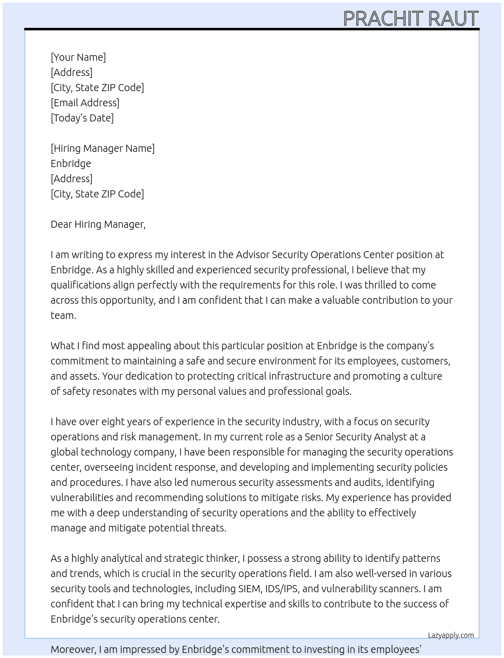 Advisor Security Operations Center At Enbridge Cover Letter
