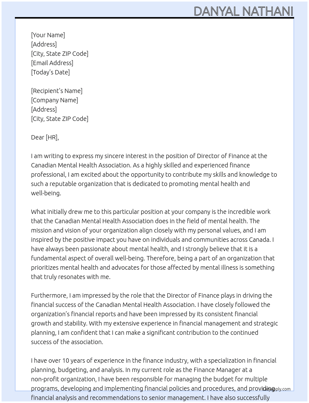 Director of Finanace At Canadian Mental Health Association Cover Letter