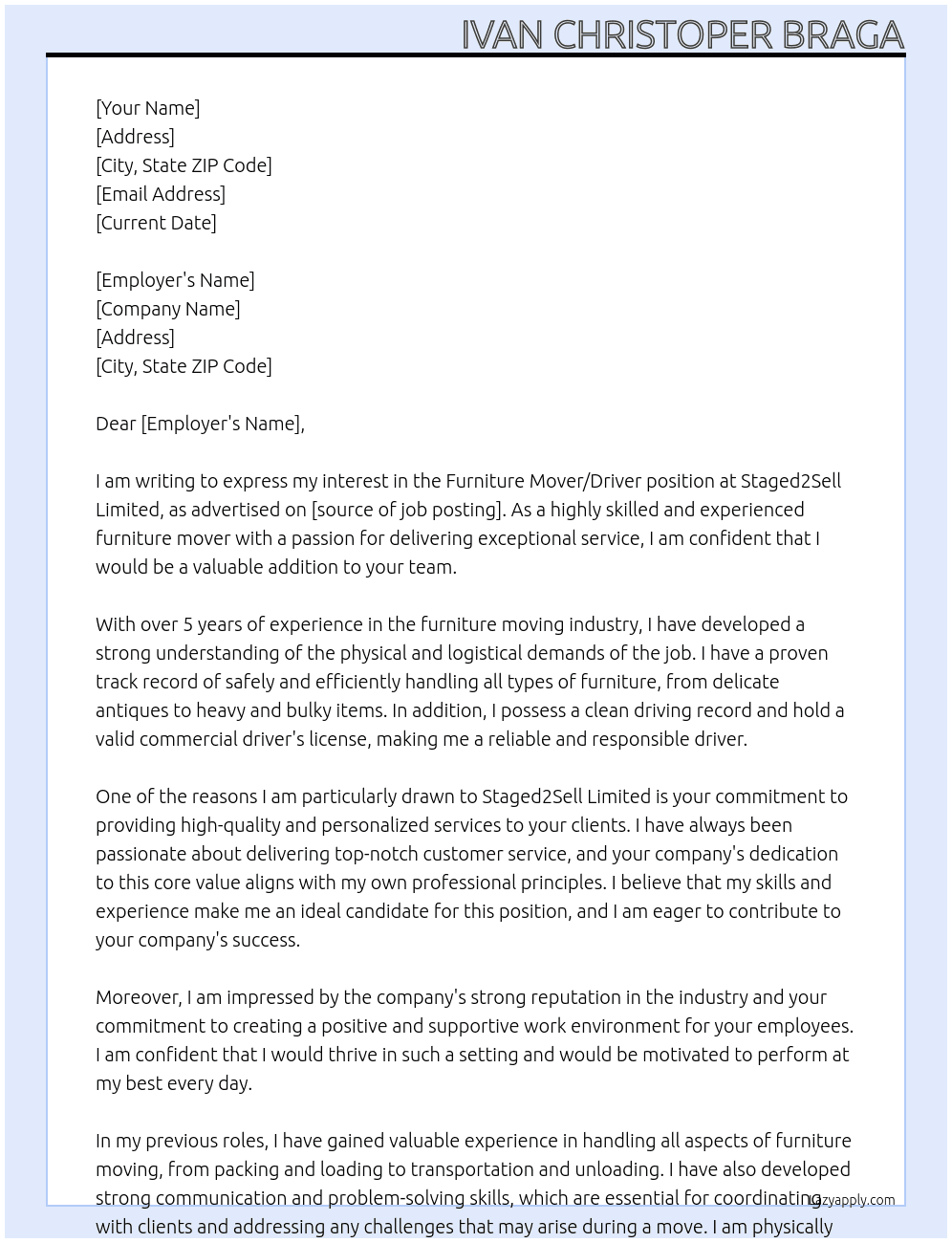 Furniture Mover/Driver At Staged2Sell Limited Cover Letter
