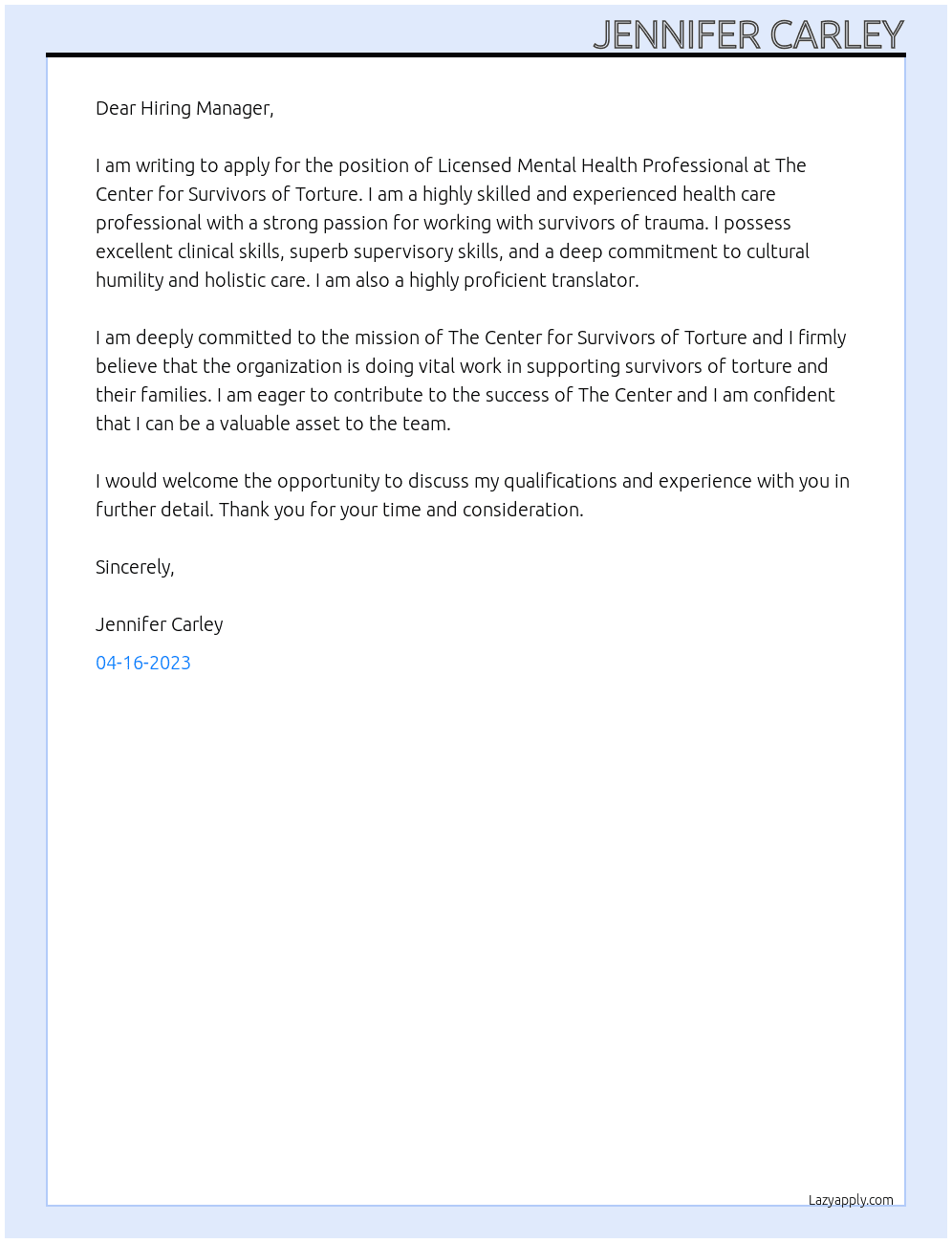 Licensed Mental Health Professional At The center for survivors of Torture Cover Letter