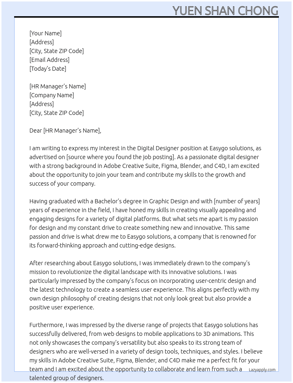 Digital Designer At Easygo solutions Cover Letter