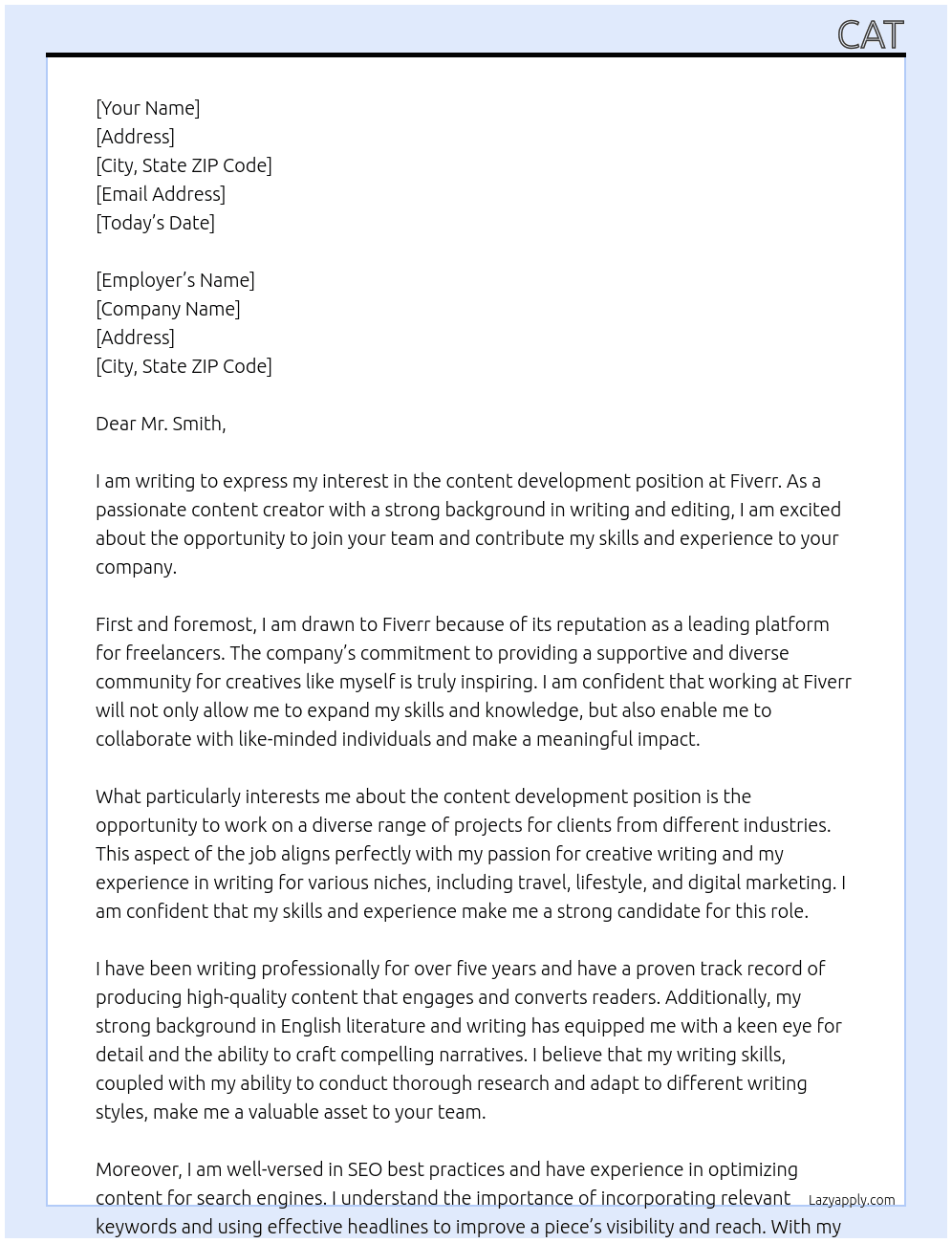 content development At Fiverr Cover Letter