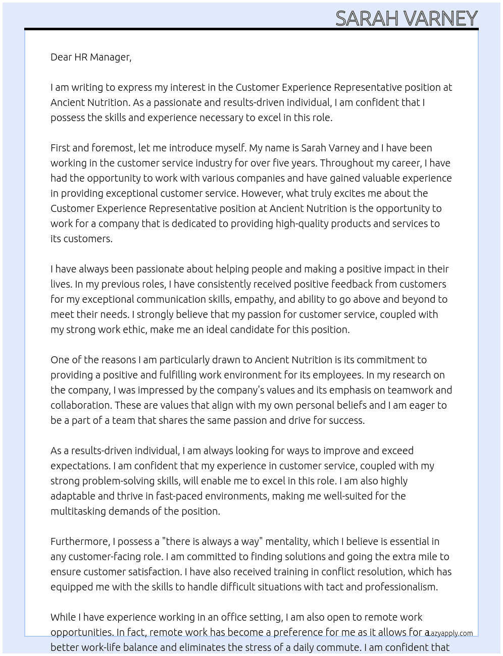 Cover letter for customer expierence representative - LazyApply