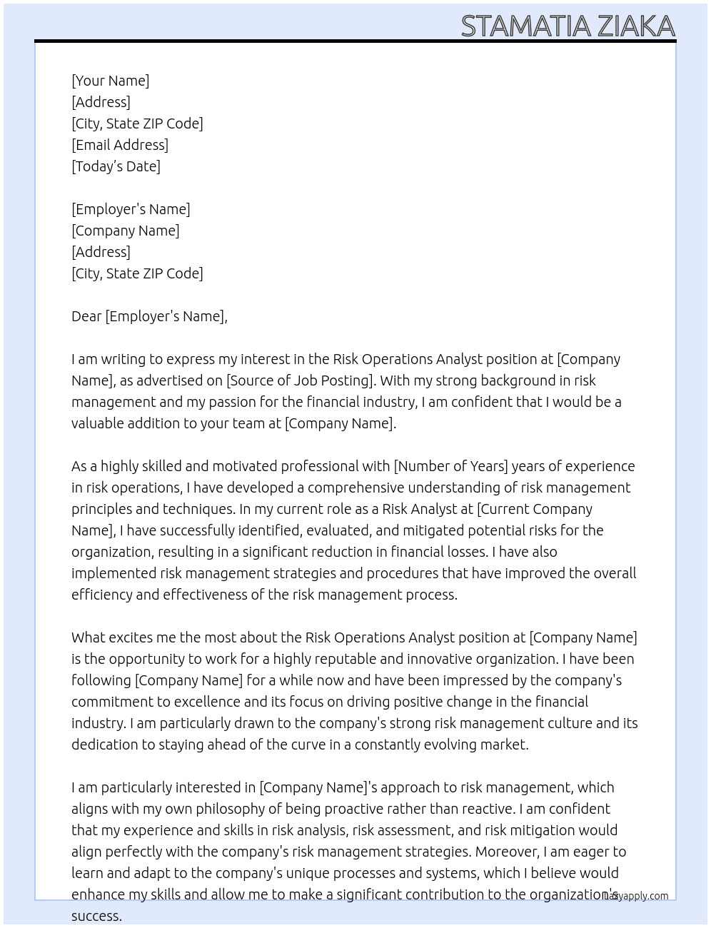 Risk Operations Analyst At Two Cover Letter