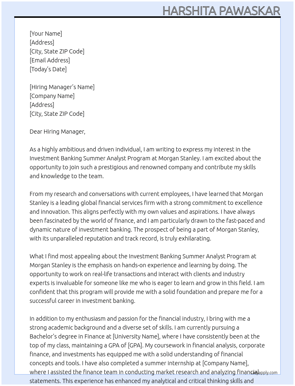 Investment Banking Summer Analyst Program  At Morgan Stanley Cover Letter