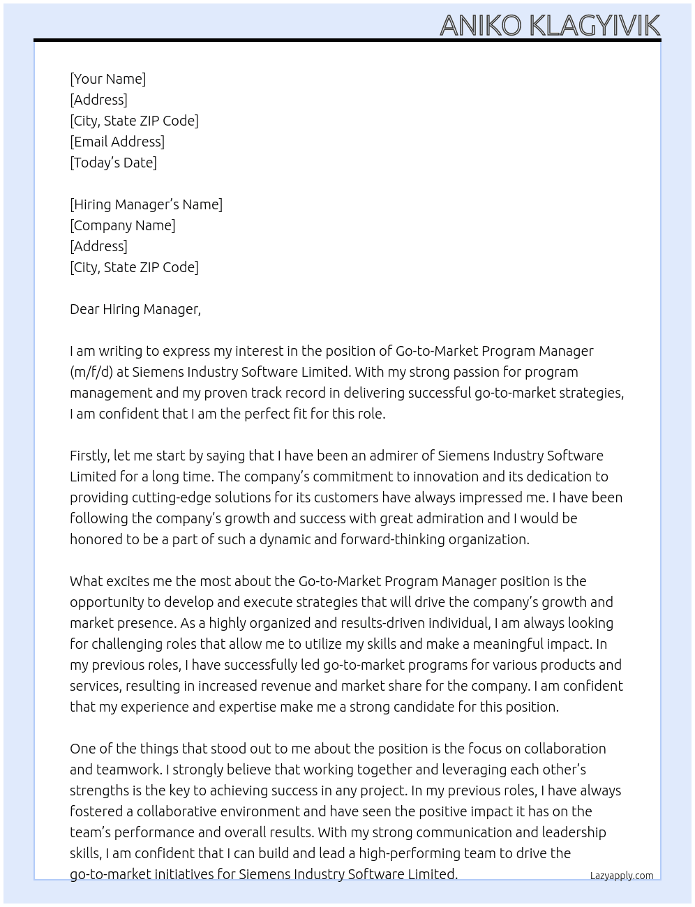Go-to-Market Program Manager (m/f/d) At Siemens Industry Software Limited Cover Letter