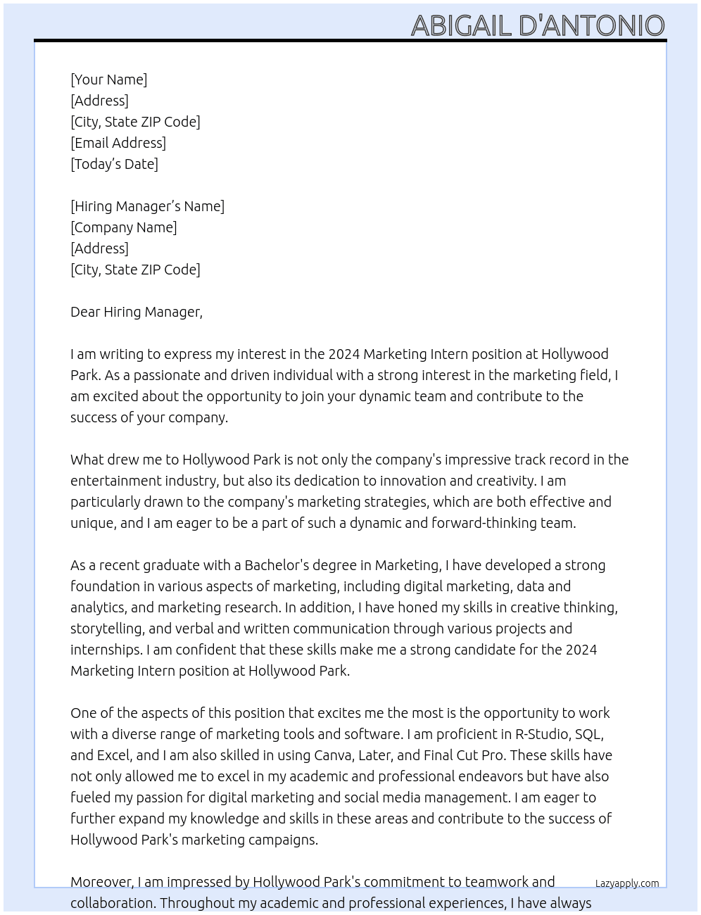 2024 Marketing Intern At Hollywood Park Cover Letter