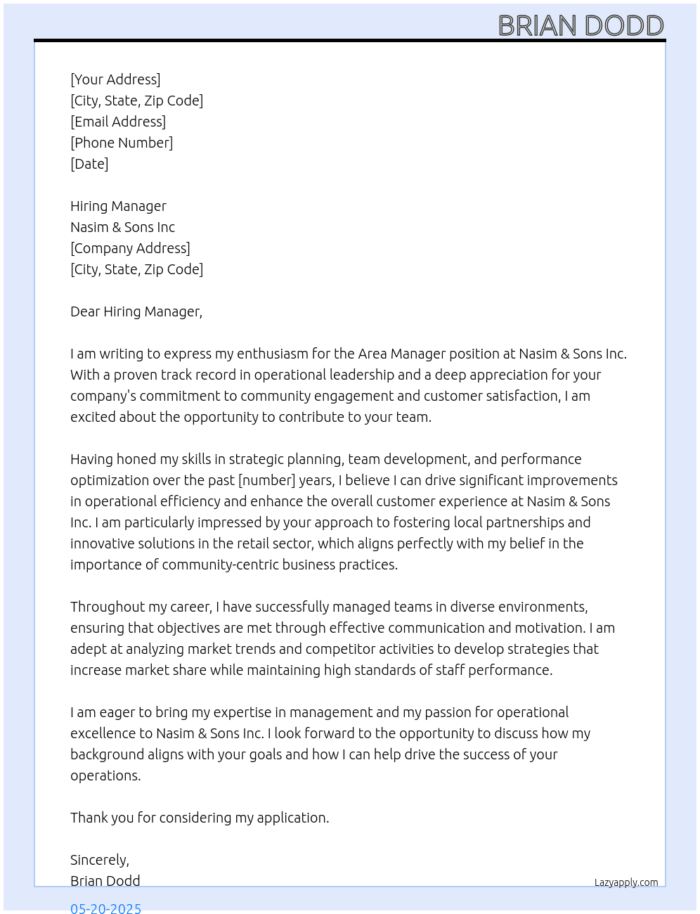 Area Manager At Nasim & Sons Inc Cover Letter
