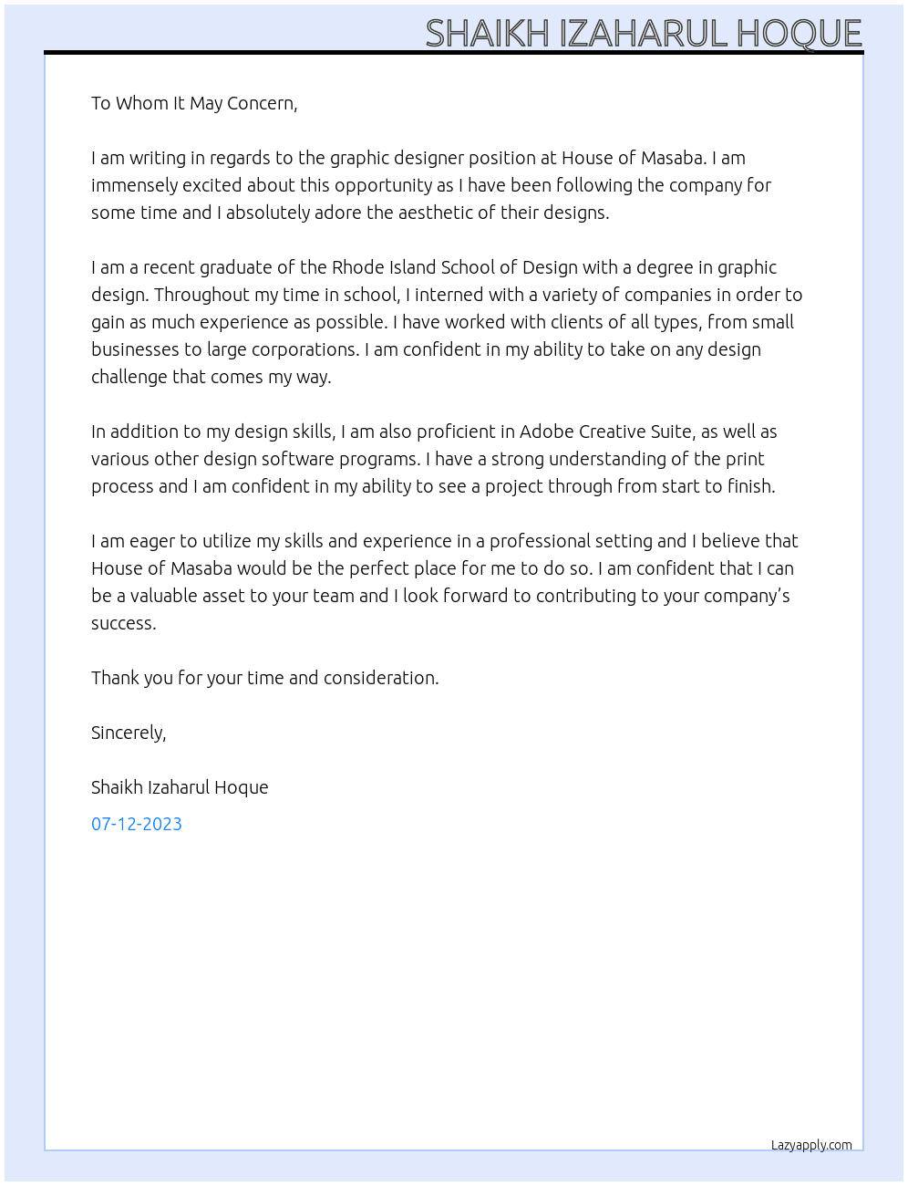 Graphic designer At House of masaba  Cover Letter
