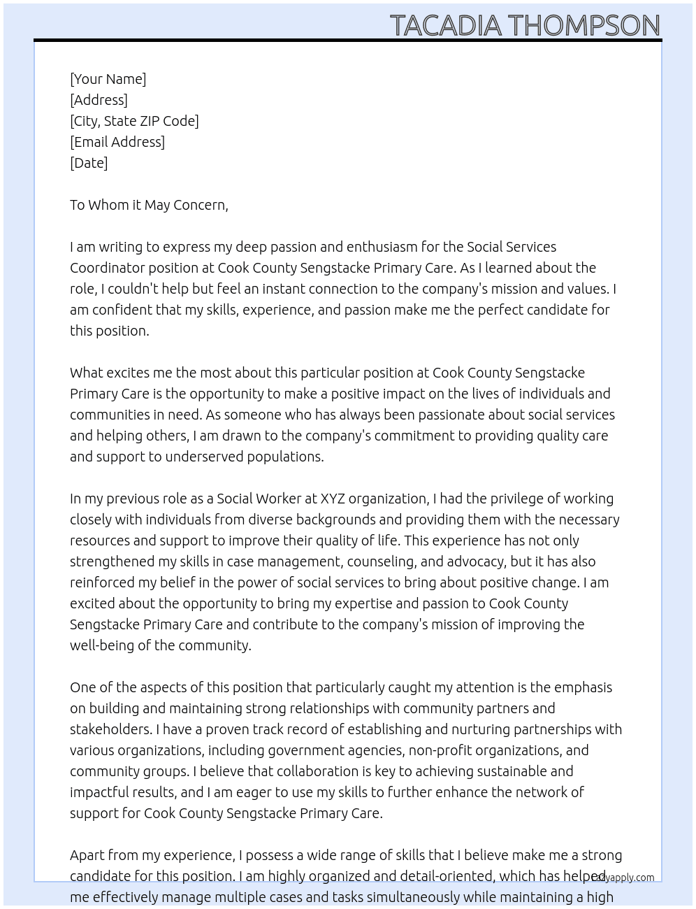 Social Services Coordinator At Cook County Sengstacke Primary Care Cover Letter