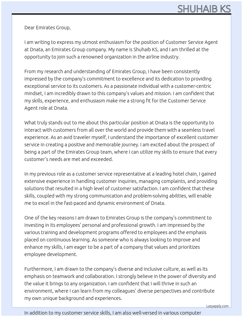 Customer service agent At Dnata an Emirates group Cover Letter
