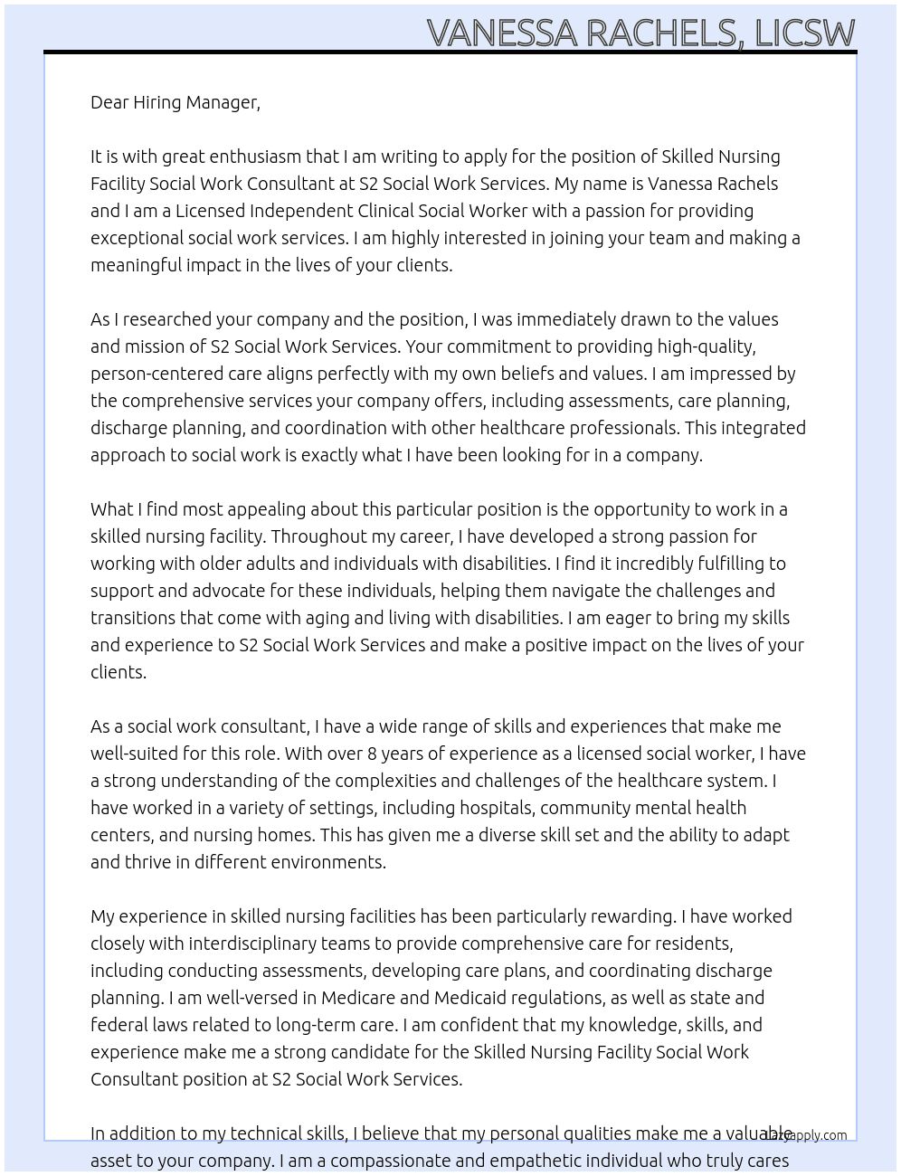 Cover letter for skilled nursing facility social work consultant - LazyApply