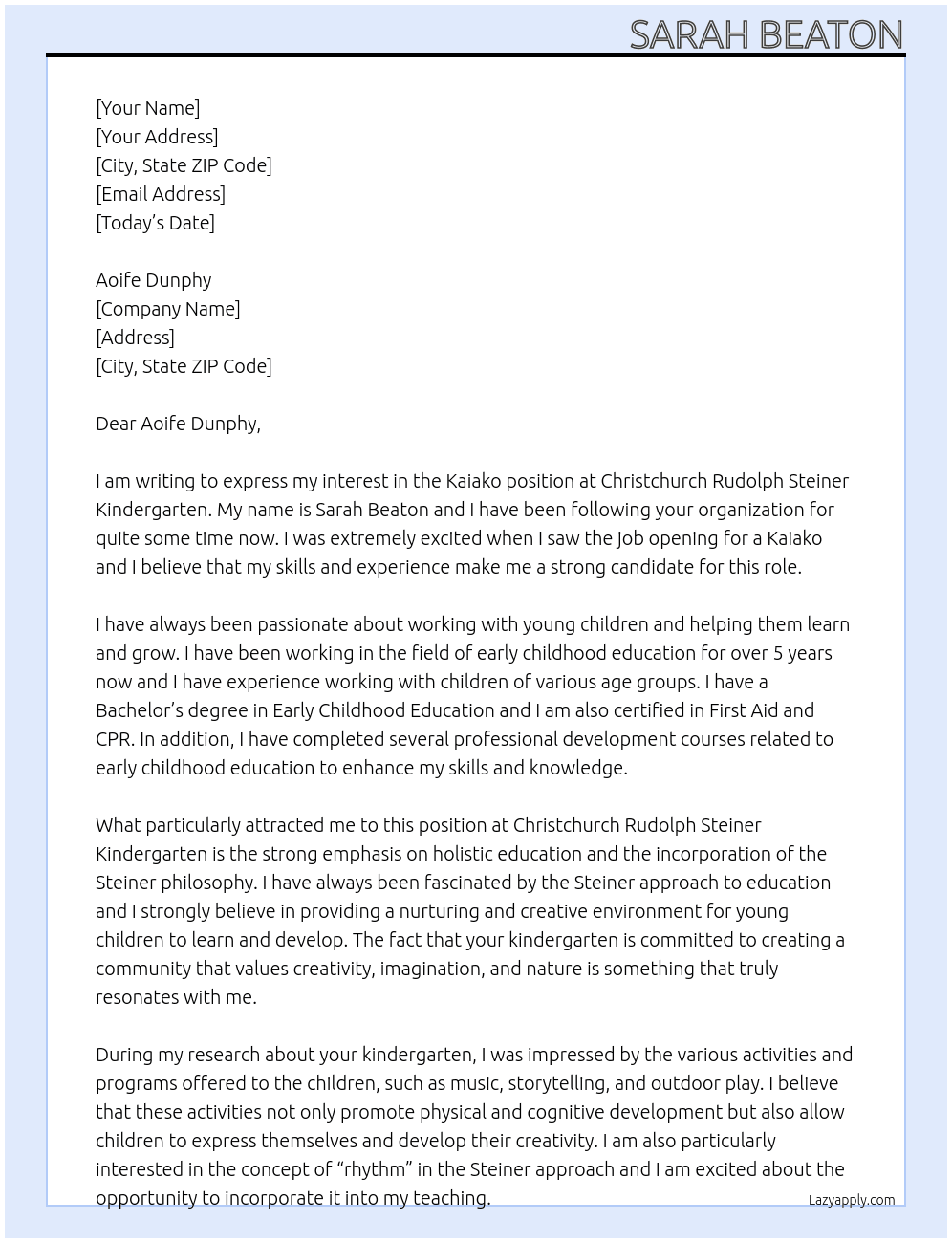 Kaiako At Christchurch Rudolph Steiner Kindergarten  Cover Letter