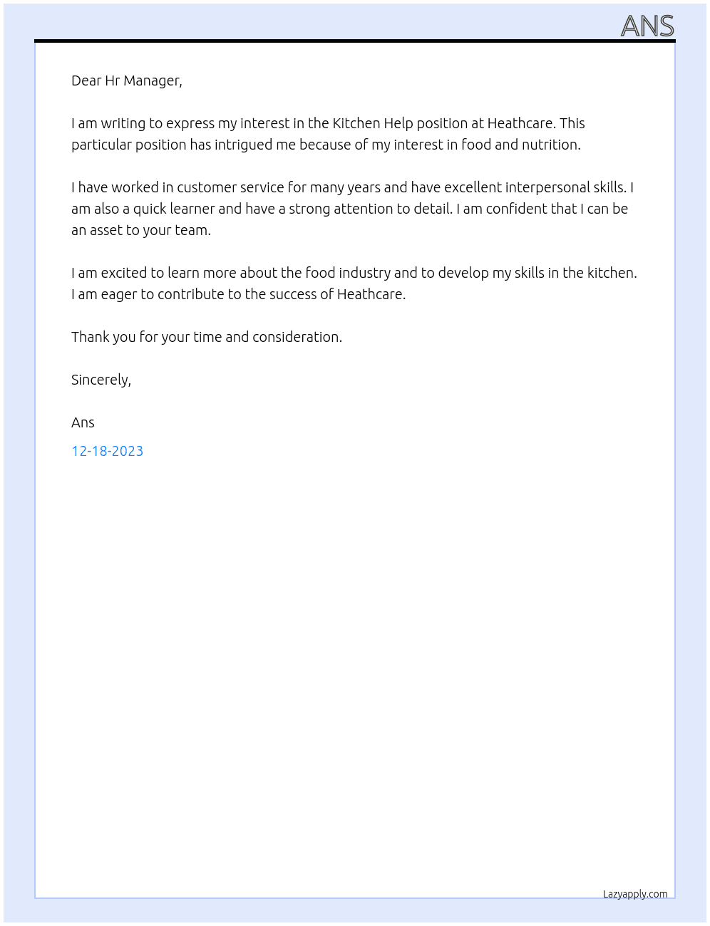 Kitchen Help At Heathcare Cover Letter