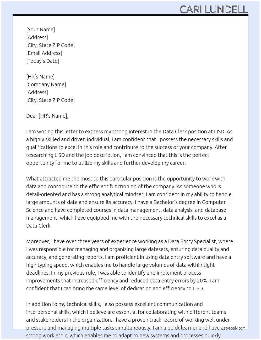 Data clerk At LISD Cover Letter