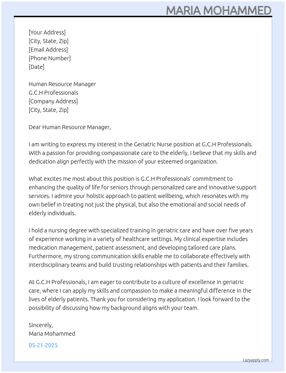 Geriatric Nurse At G.C.H Professionals Cover Letter