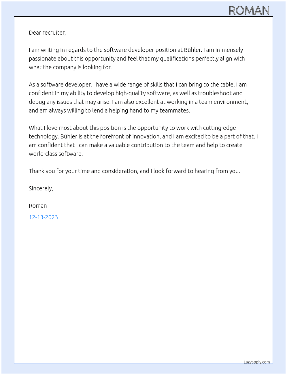 software developer At Bühler Cover Letter