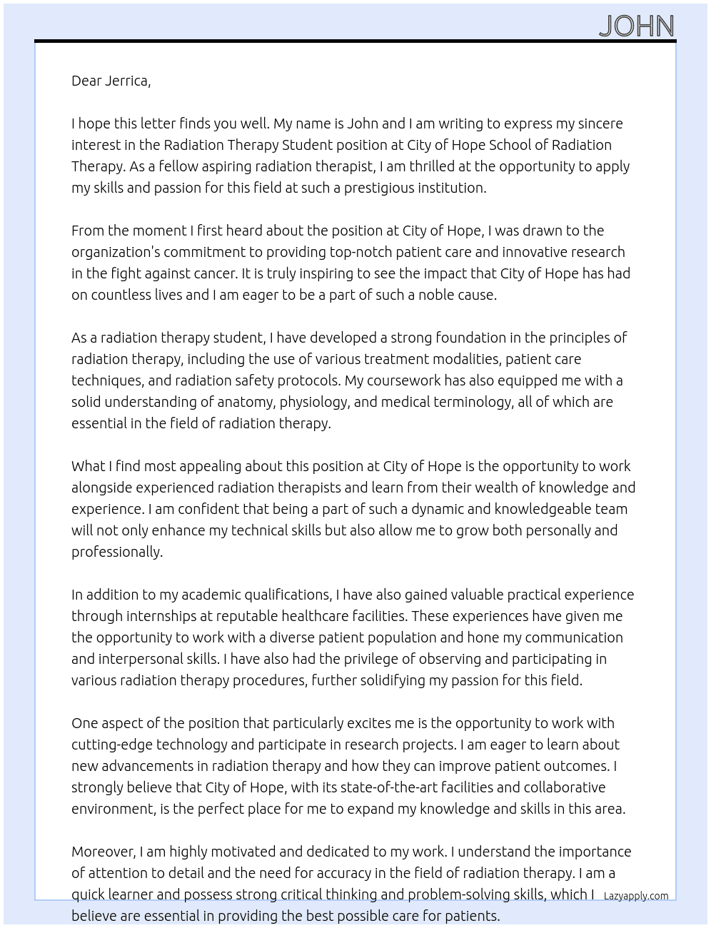 Radiation therapy student At Ciry of Hope School of radiation therapy  Cover Letter